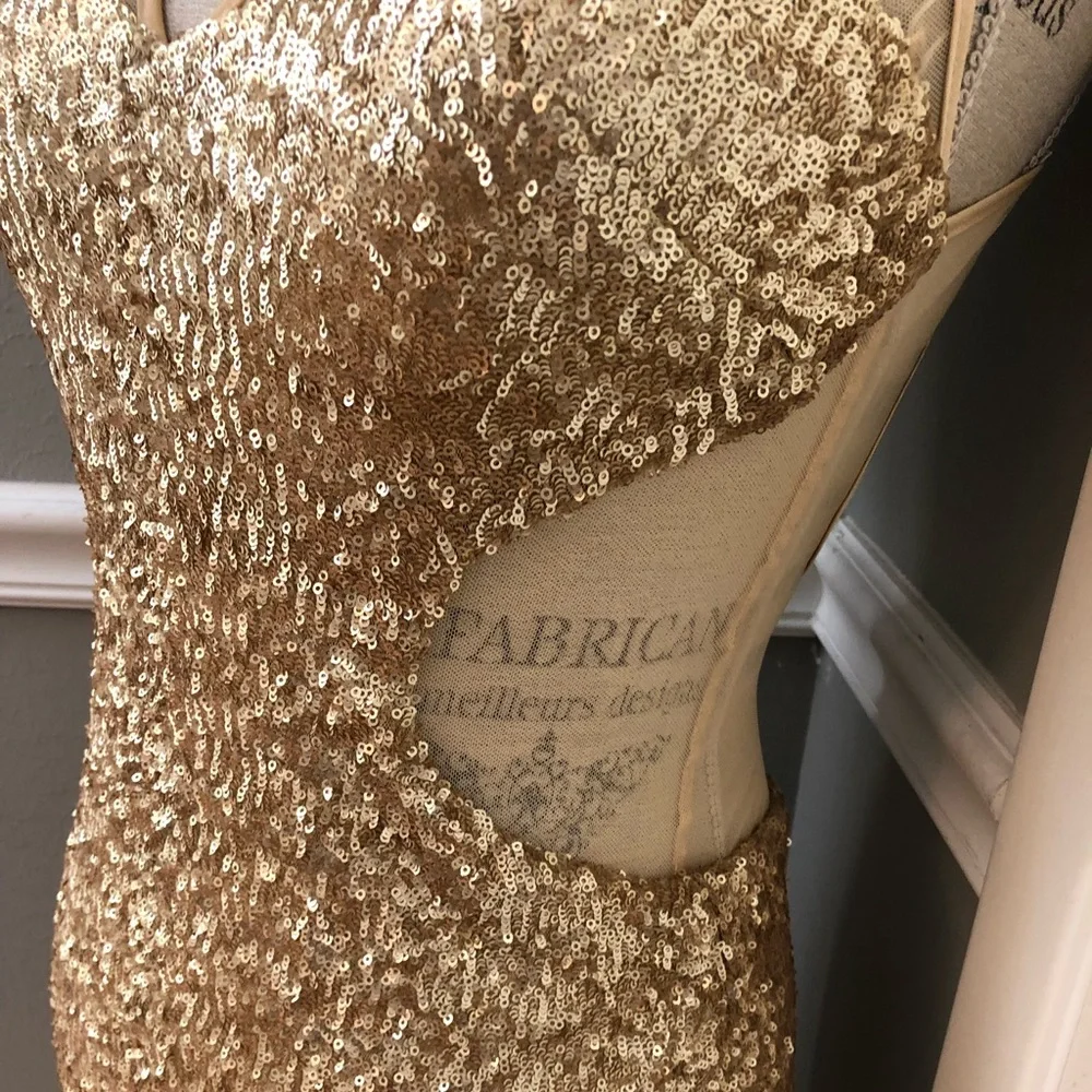 🔴CLEARANCE NEW FAVIANA SZ 4 GOLD NUDE ILLUSION SEQUIN STRAPLESS CUT OUT GOWN - Picture 10 of 12
